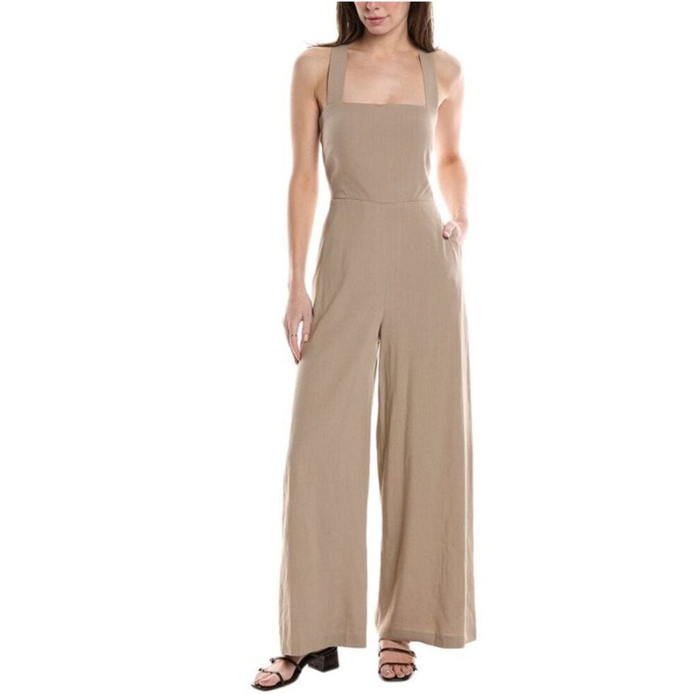 NEW Theory Crossback Linen Blend Jumpsuit Taupe Sleek Crunch Wide Leg Womens 2